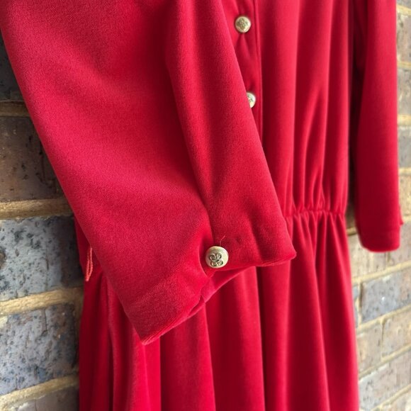 Vintage Anthony Richards Red Velvet Velour Scalloped V Neck Dress Pockets Sz 10 - Picture 6 of 8